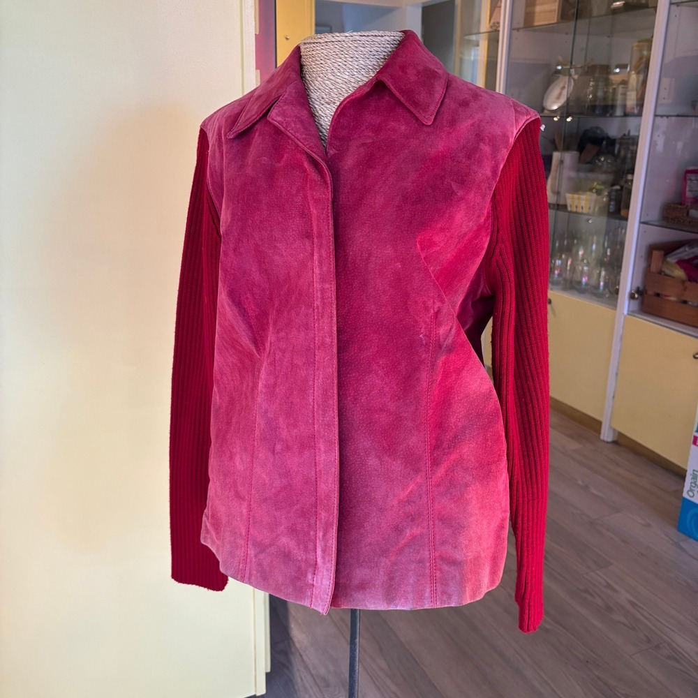 Clothes‎ by Revue Red Leather Jacket Ribbed Knit Sleeve Shirt Collar